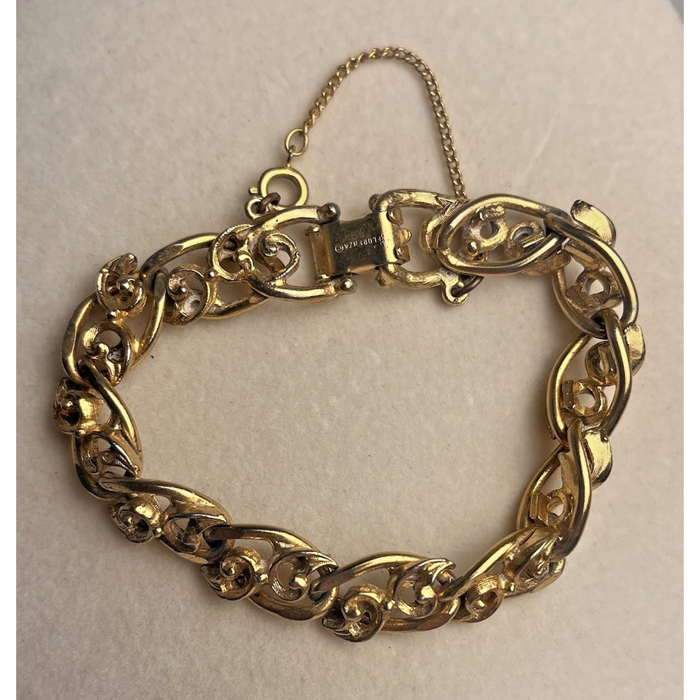 Vintage Florenza Gold Tone Swirl Link Bracelet Safety Chain 6.5" Retro Estate
